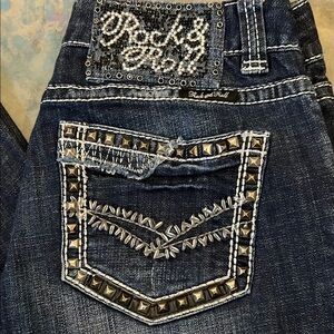 Rock & Roll Cowgirl Blue Denim Jeans with Studded Design